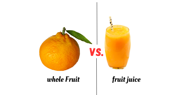 whole fruit vs fruit juice, orange beside juice of glass