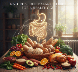 a vibrant collection of diverse whole foods—fruits, vegetables, whole grains, and lean proteins—arranged beautifully on a table, with subtle glowing lines connecting them to a stylized, healthy digestive system in the background. This emphasizes the role of a balanced diet.