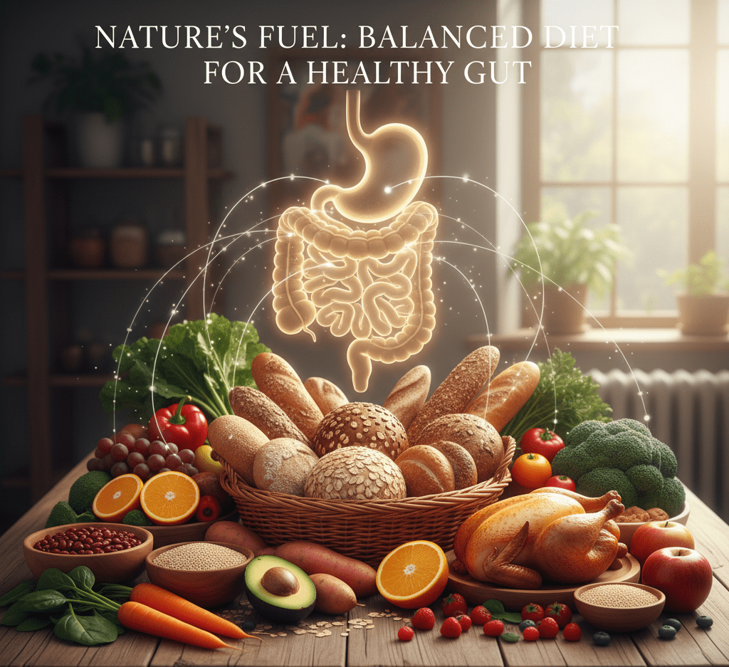 a vibrant collection of diverse whole foods—fruits, vegetables, whole grains, and lean proteins—arranged beautifully on a table, with subtle glowing lines connecting them to a stylized, healthy digestive system in the background. This emphasizes the role of a balanced diet.
