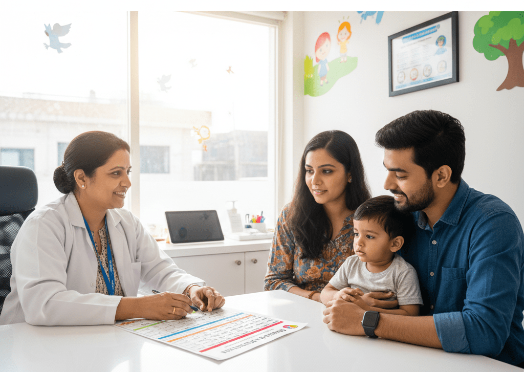 Child vaccination consultation in Kanpur by pediatrician in Ashok Nagar explaining immunization schedule to parents