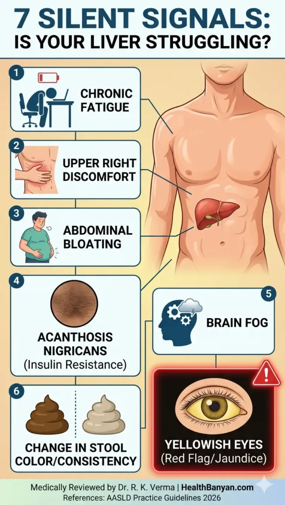 A 9:16 vertical medical infographic for HealthBanyan.com detailing 7 silent signals of liver struggle. Symptoms are connected to a human torso and include Chronic Fatigue, Upper Right Discomfort, Abdominal Bloating, Acanthosis Nigricans (dark skin texture), Stool Color Changes, Brain Fog, and a prominent red glowing warning for Yellowish Eyes (Jaundice). Medically verified by Dr. R. K. Verma.