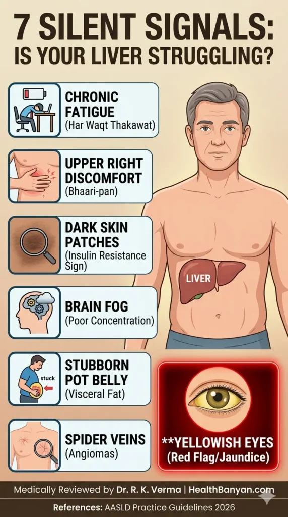 A vertical medical infographic for HealthBanyan.com titled "7 SILENT SIGNALS: IS YOUR LIVER STRUGGLING?". It features an illustration of a human torso with seven connected symptom boxes detailing Chronic Fatigue, Upper Right Discomfort, Dark Skin Patches, Brain Fog, Stubborn Pot Belly, Spider Veins, and a prominent red glowing warning for Yellowish Eyes (Jaundice/Red Flag). The graphic is medically verified by Dr. R. K. Verma.