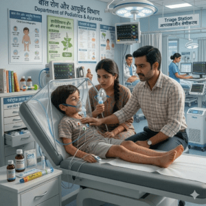 Child sitting upright with parent support showing breathing discomfort – pediatric emergency awareness