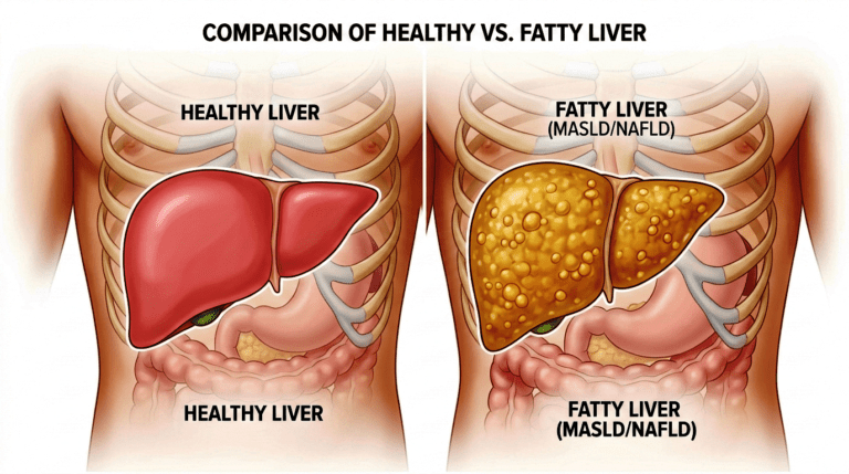 A detailed medical illustration comparing a human torso with a healthy liver versus a fatty liver. The healthy liver on the left is smooth and reddish-brown, labeled "HEALTHY LIVER". The fatty liver on the right is yellowish, textured with fat deposits, and labeled "FATTY LIVER (MASLD/NAFLD)". The digestive system and ribcage are visible for anatomical context.