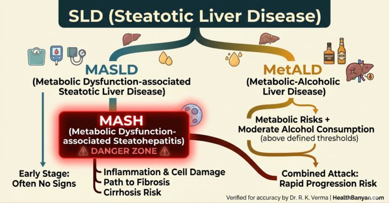 A 2D vector medical infographic illustrating the classification of Steatotic Liver Disease (SLD). Two branches lead from the top: MASLD (for metabolic factors) and MetALD (for both metabolic and alcoholic factors). Below MASLD, a prominent glowing red box highlights 'MASH' as the aggressive danger zone.