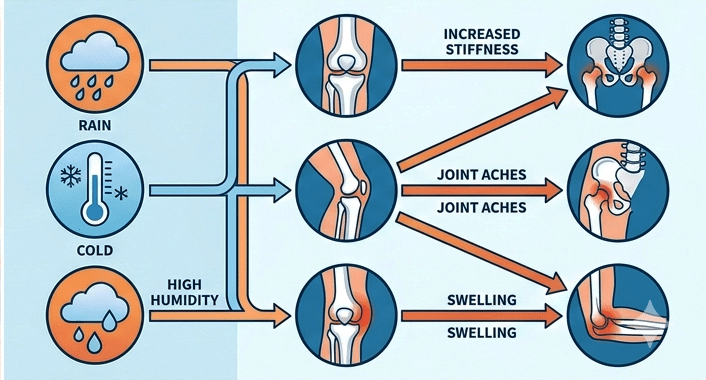 “Weather icons (rain, cold, humidity) connected to human joints infographic style”