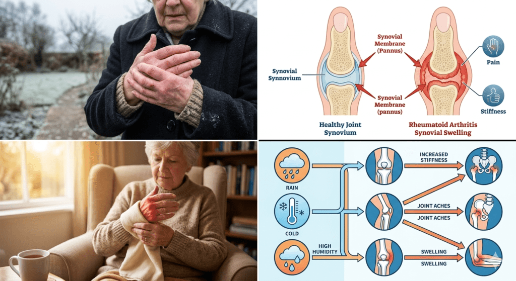 rheumatoid arthritis joint pain in cold weather inflamed joints medical illustration RA managing arthritis in winter warmth therapy weather impact on joint pain infographic