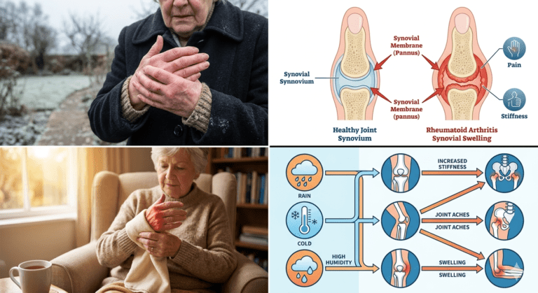 rheumatoid arthritis joint pain in cold weather inflamed joints medical illustration RA managing arthritis in winter warmth therapy weather impact on joint pain infographic