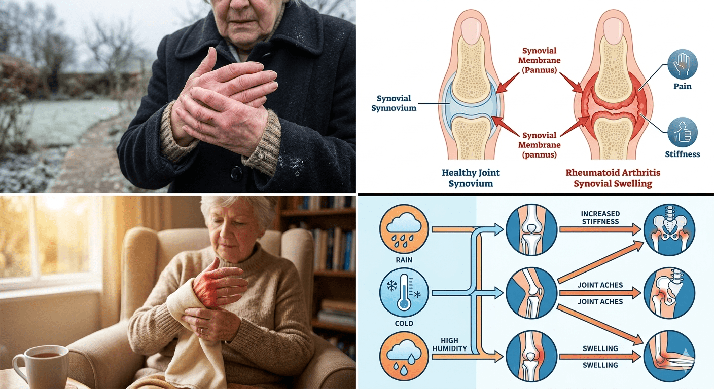 rheumatoid arthritis joint pain in cold weather inflamed joints medical illustration RA managing arthritis in winter warmth therapy weather impact on joint pain infographic
