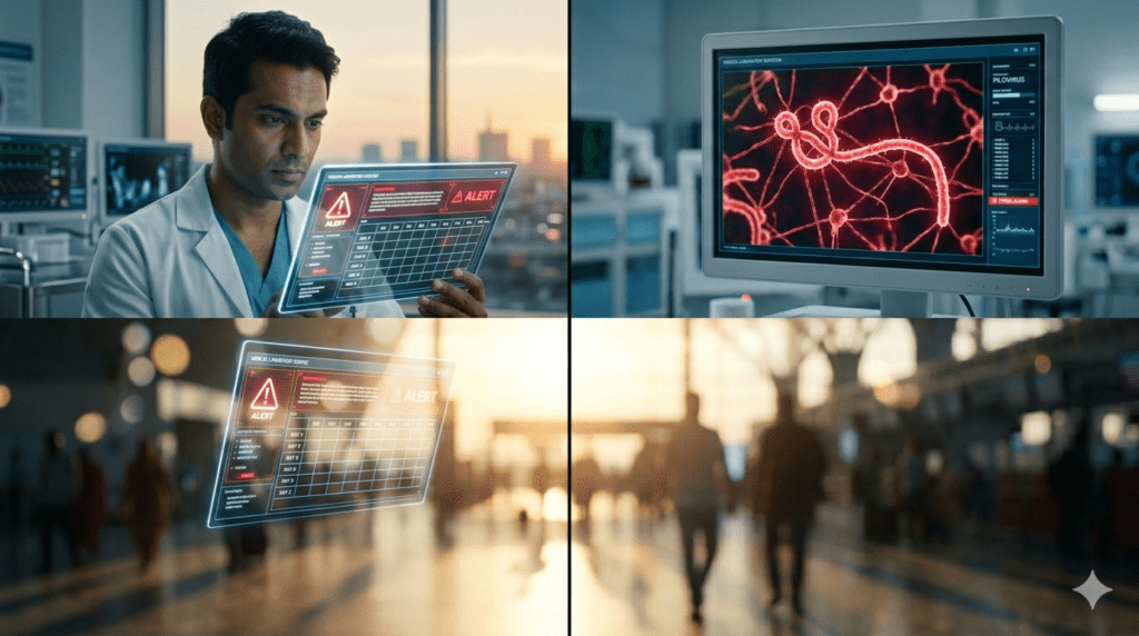 Indian doctor in lab coat holding a transparent holographic tablet with "ALERT" and data charts.