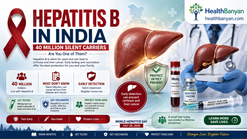 Hepatitis B awareness banner showing a human liver, HBsAg blood test, hepatitis B vaccine, doctor, and liver protection message highlighting 40 million silent carriers in India.